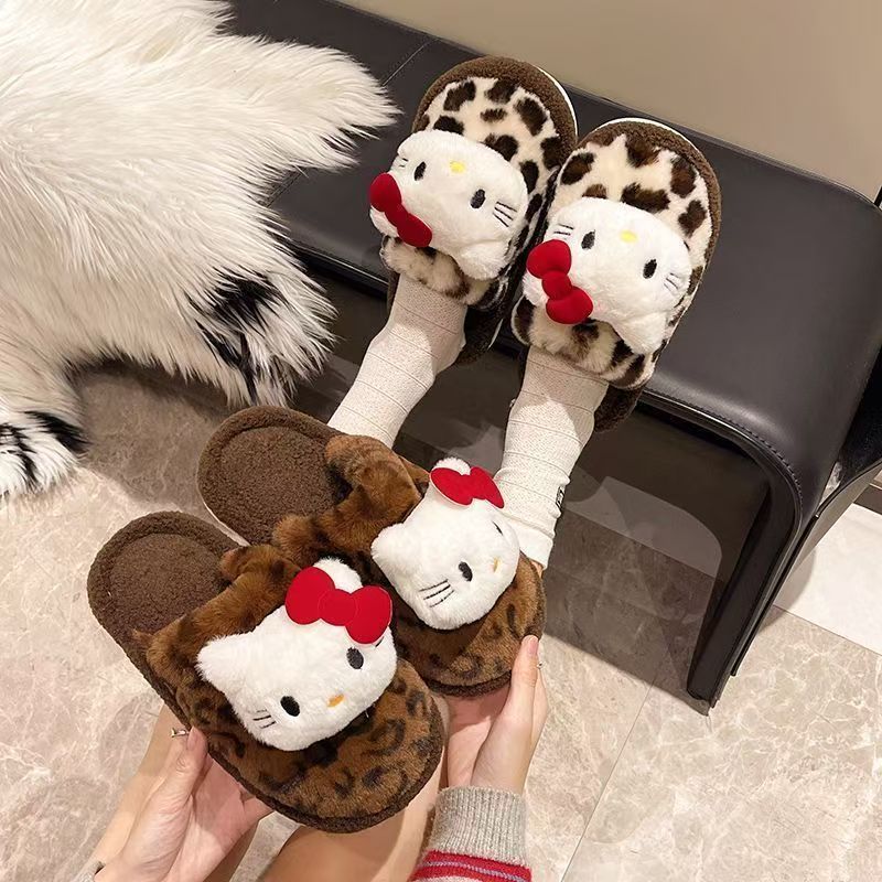 Cartoon Slippers for Home Kt Cat Girl Non-Slip Home Indoor Furry Slippers Lazy Shoes Flats Winter