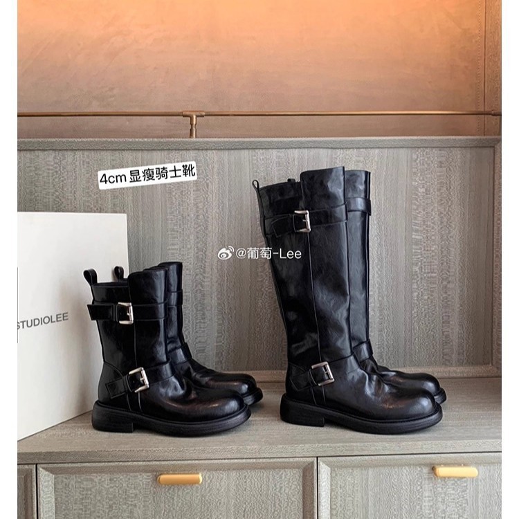 Grape Mom's Same Style, Height Increase 4cm~ Two Tube Heights, Double Buckle Straps, Round Toe, Side Zipper, Thick-Soled Knight Boots for Women, Winter