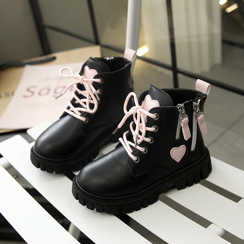 Girls' Side Zipper Boots Autumn and Winter New Kidsren's Boots Girls' Medium and Large Kidsren's Heart Princess Leather Boots Single Boots