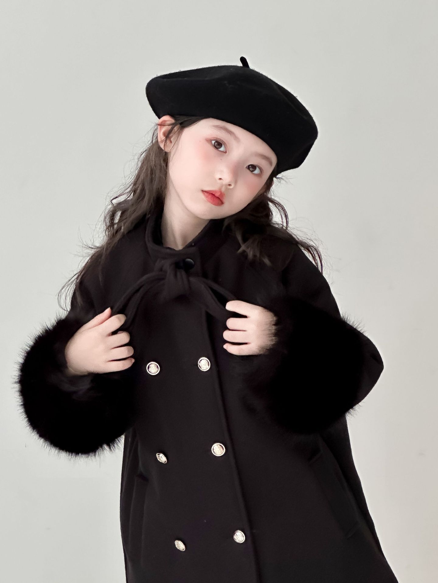 Children's Clothing 2025 Winter New Style Girls' Rich Flower Gold Buckle Bow Thousand-Golden Wool Coat Girl's Elegant Style Jacket
