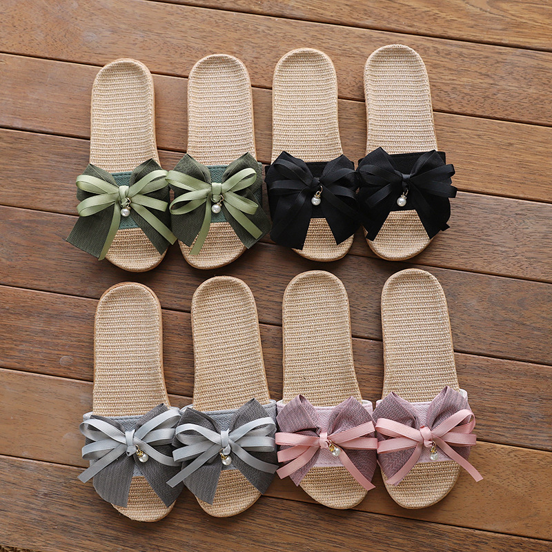 Тапочки женские летние indoor и outdoor домашние половые нескользящие офисные тапочки милые с бантом льняные тапочки