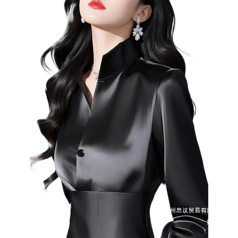 Factory Direct Sales French Style Petite Chic Beautiful Niche Light Luxury Cool Acetate Satin Black