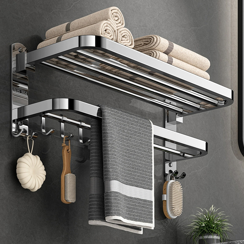 304 Stainless Steel Folding Towel Rack Punch-Free Towel Rack Bathroom Toilet Towel Rack Storage Rack