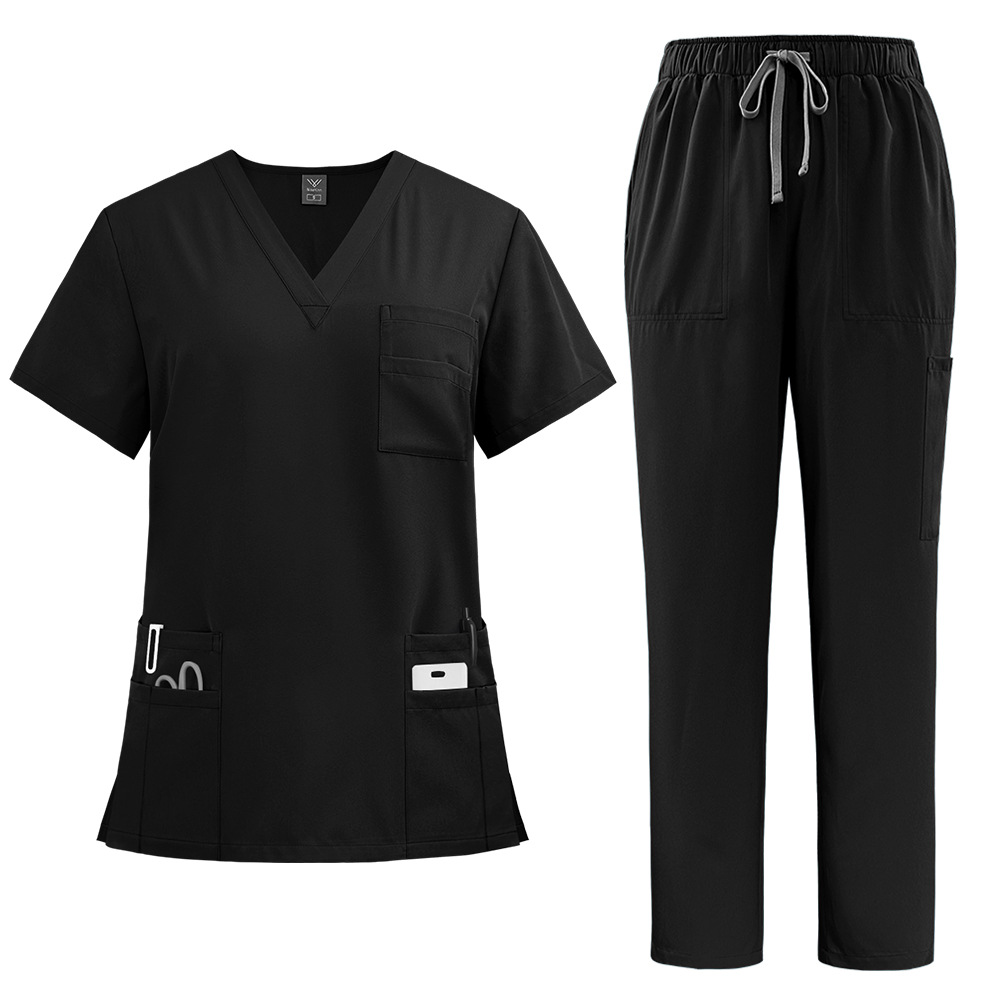 New V Neck Split Medical Work Uniform Flap Pocket Pants Straight Pants Hand Wash Clothes Icu Work Clothes Same Style for Men and Women