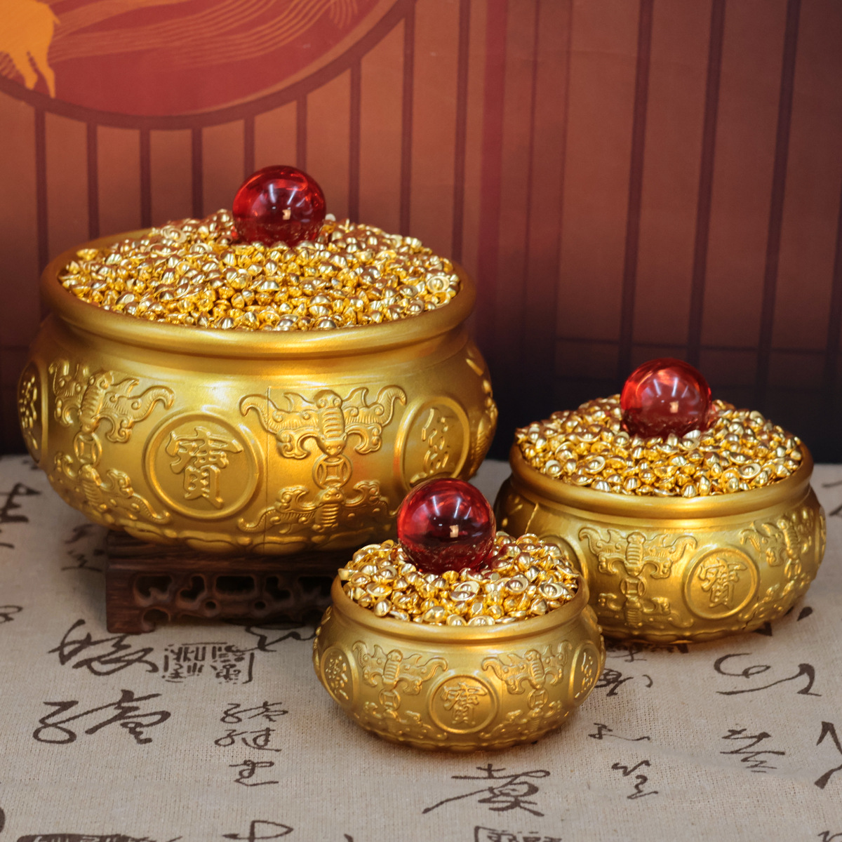 Brass Eight Blessings Double Fish Treasure Bowl Ornament, Wealth-Attracting Treasure Bowl Filled with Ingots, Entrance Desk Wealth-Attracting Craft