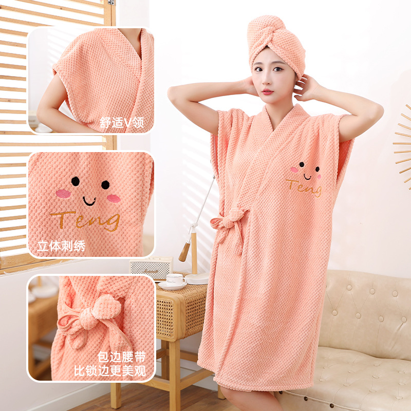 New Pineapple Pie Bathrobe Women's Wearable Bath Towel Coral Velvet Thickened Household Cross Strap Bath Skirt Dry Hair Cap Wholesale