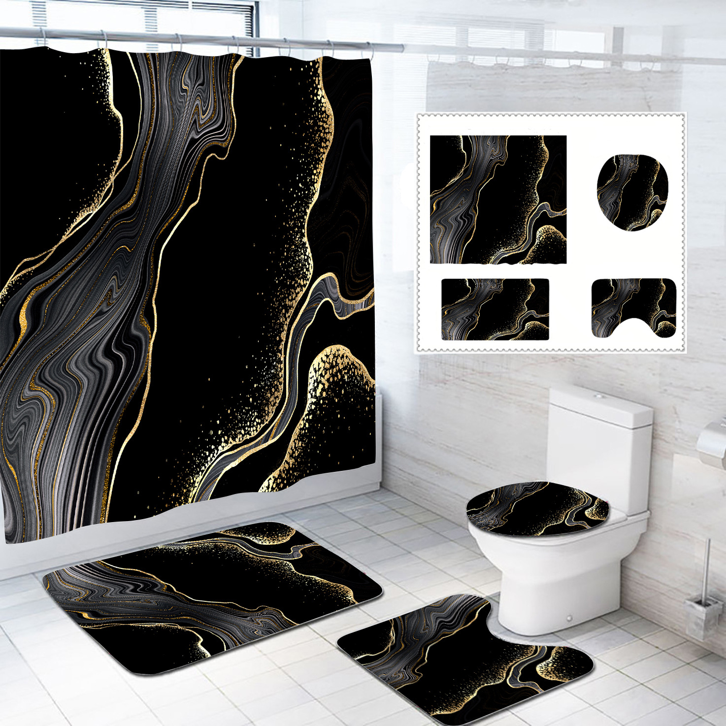Bathroom Shower Curtain Floor Mat Four-piece Set Amazon Marble Hot-selling Style Waterproof Partition Curtain Floor Mat Three-piece Set