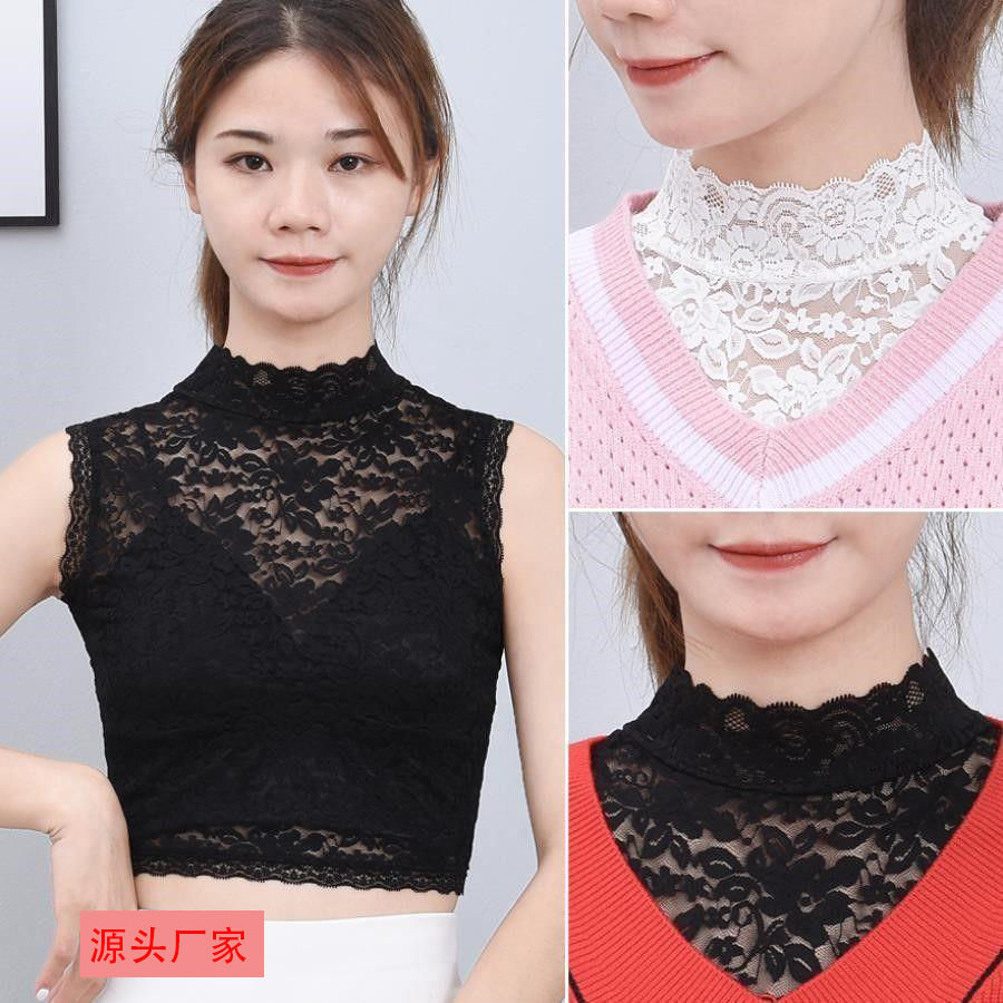 Универсальный черно-белый высокоэластичный пуловер с кружевным фейковым воротником для женщин, декоративная кружевная одежда для осени и зимы