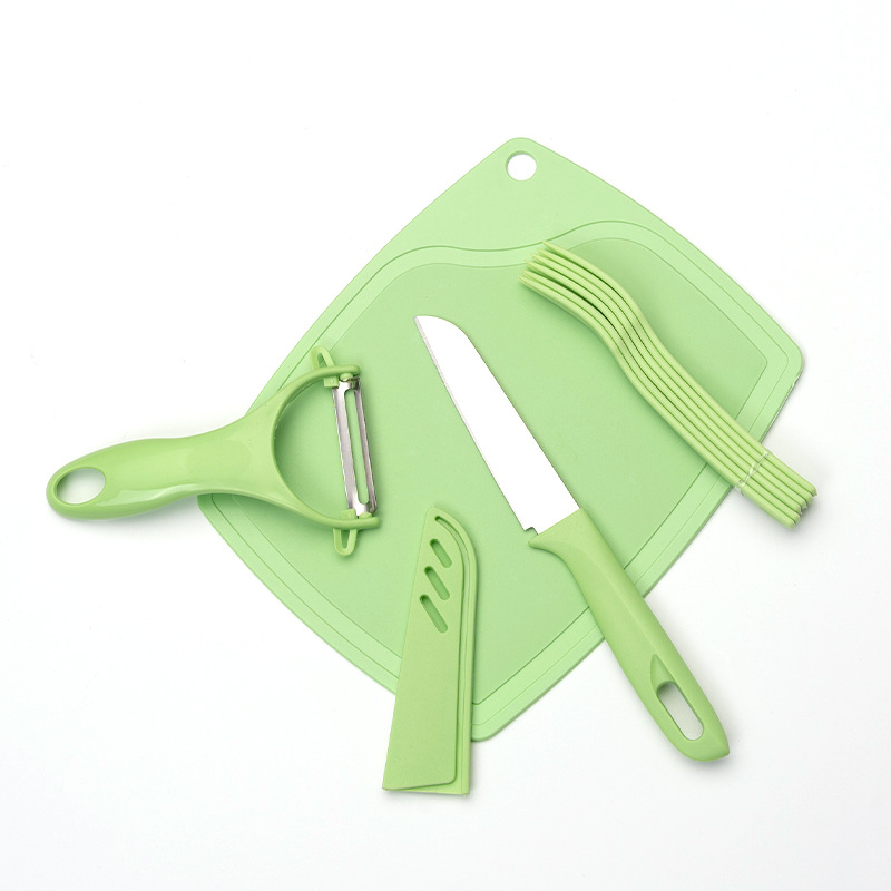 Net red kitchen stainless steel fruit knife baby food supplement suit cutting board knife fork melon planing cross-border wholesale suction card combination