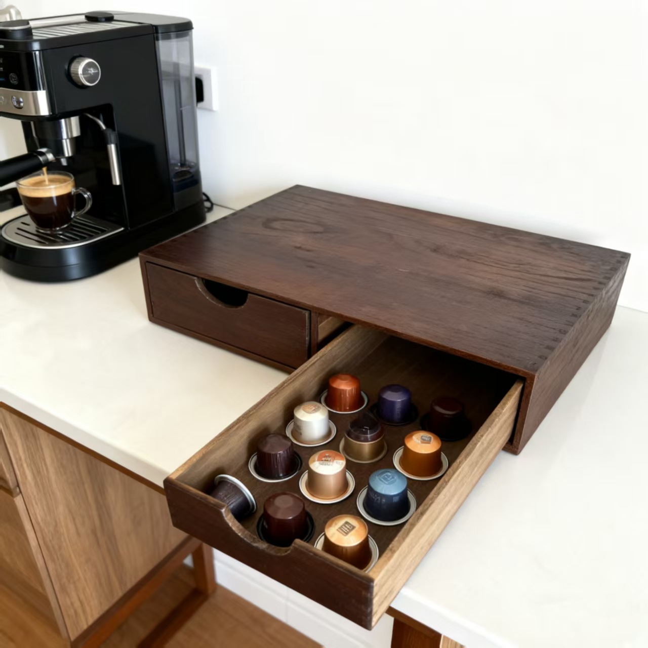 Spot Wooden Coffee Capsule Drawer Storage Rack Coffee Machine Base Bracket Household Tea Set Storage and Organization Rack
