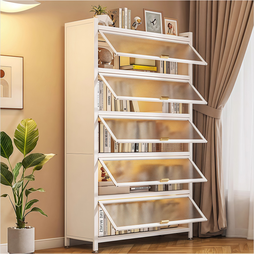 Steel Storage Cabinet Household Bookcase with Door Dust-Proof Storage Cabinet Multi-Layer Floor-To-Ceiling Living Room Storage Cabinet Children's Toy Cabinet