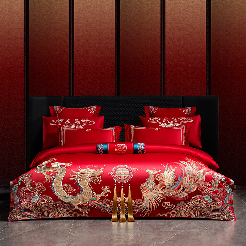 Красный китайский свадебный комплект из четырех предметов с вышивкой, хлопковое постельное белье, текстиль для дома Нантонг