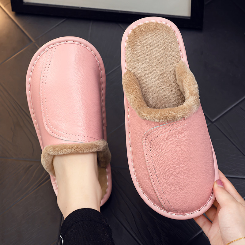Winter Home Cowhide Genuine Leather Slippers for Women and Men Indoor Thickened Non-Slip Solid Color Home Warm Slippers Wholesale