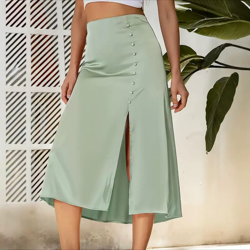 Летняя юбка с высоким талией, простая, повседневная, элегантная, однотонная, для женщин, импорт из Европы и Америки