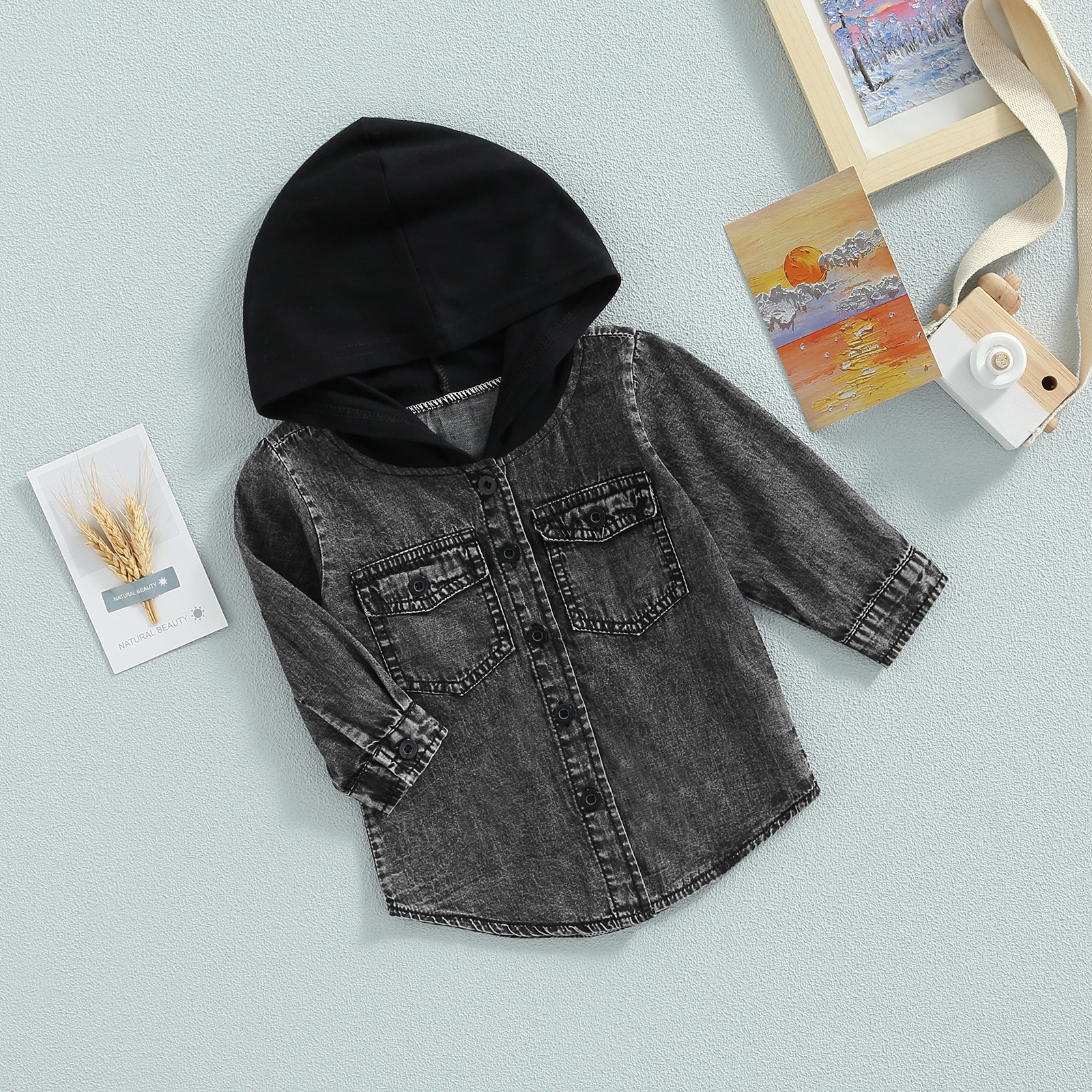 Autumn new children's clothing girls' trendy solid color hooded Denim long-sleeved top Denim all-matching coat