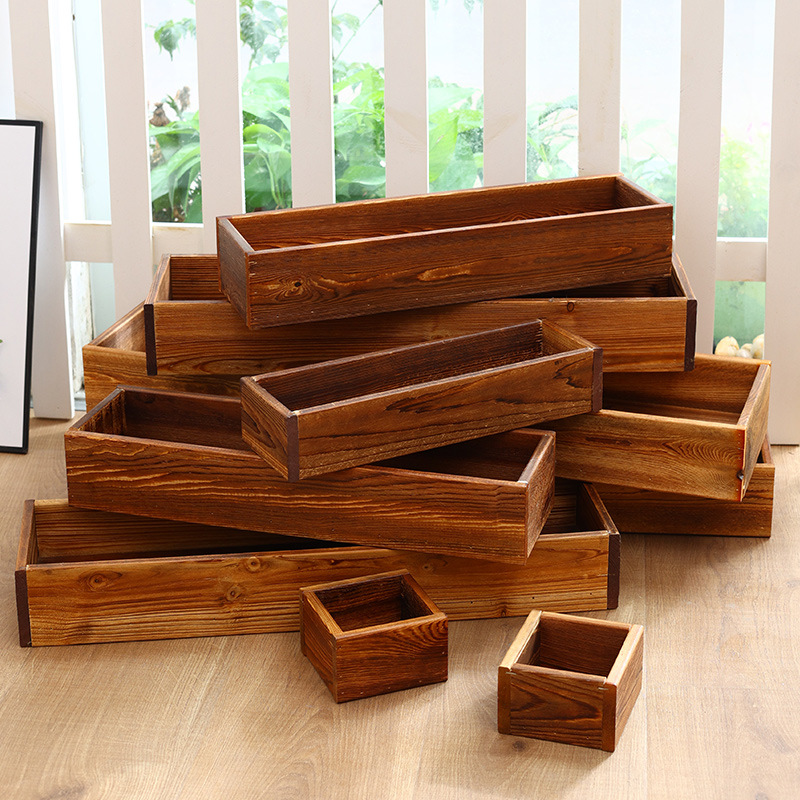 Outdoor Anti-Corrosion Wooden Flower Box Rectangular Courtyard Carbonized Wood Flower Pot Succulent Flower Trough Outdoor Balcony Vegetable Planting Pot Flower Pot