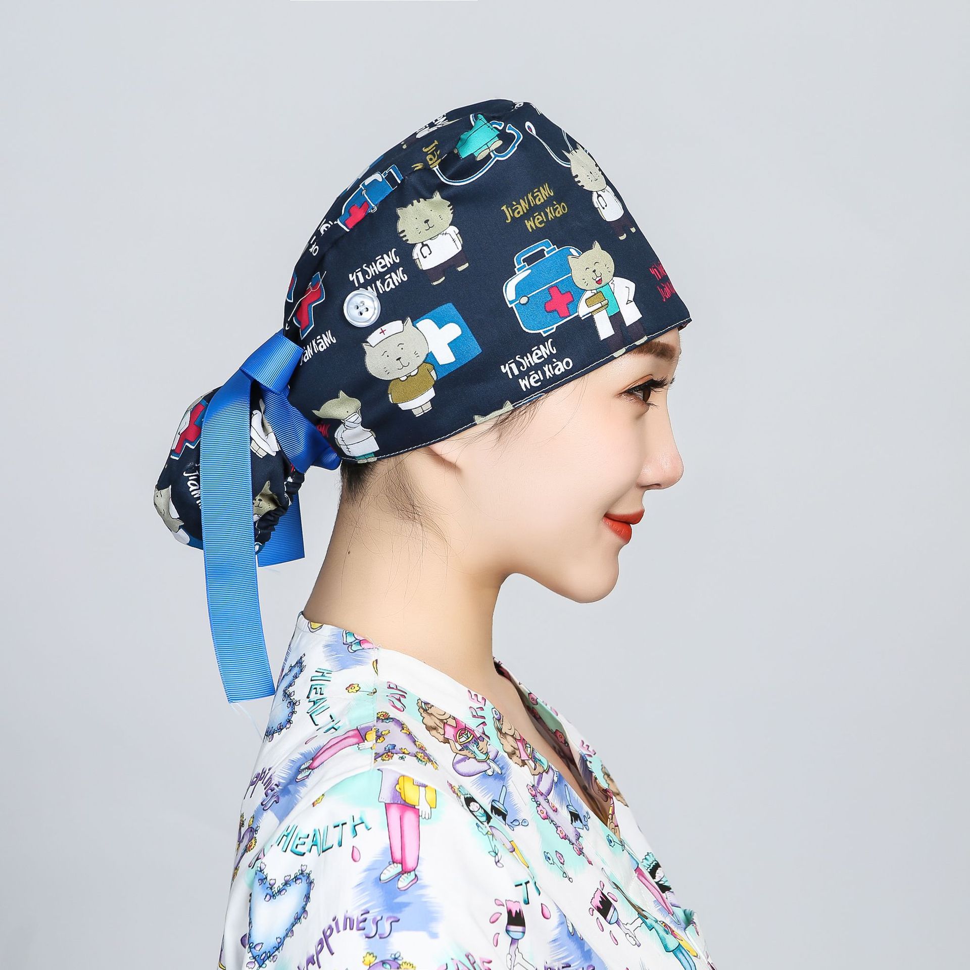 Cross-border special with buttons and sweatband adjustable ribbon lace-up ponytail hat women's long hair head cover hair cap