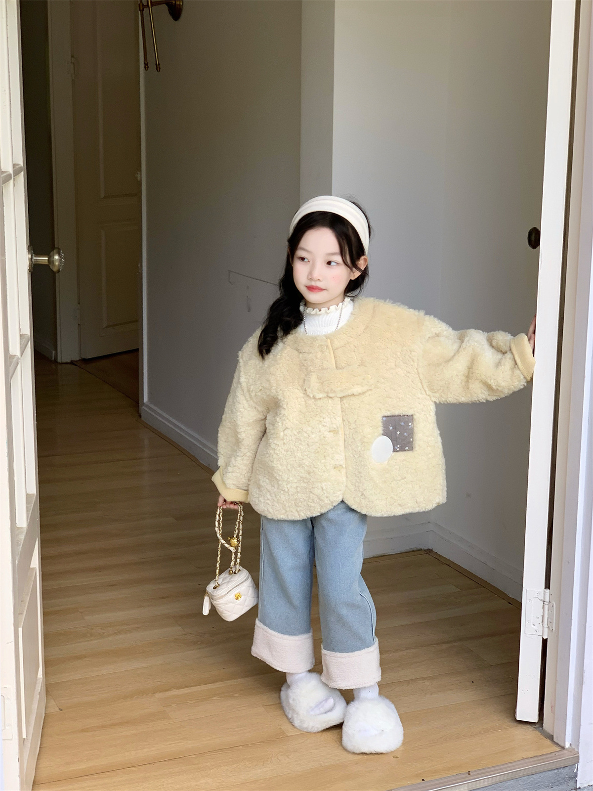 2025 New Winter Style Girls' Fur One-Piece Jacket + Turtleneck Sweater + Curled Fur Fleece-Lined Jeans