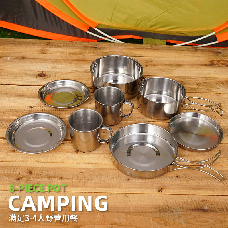 Outdoor Stainless Steel 8-Piece Pot Set for Mountaineering and Camping Portable Set of Bowls and Barbecue Pots for 5-6 People Foldableing Combination Set