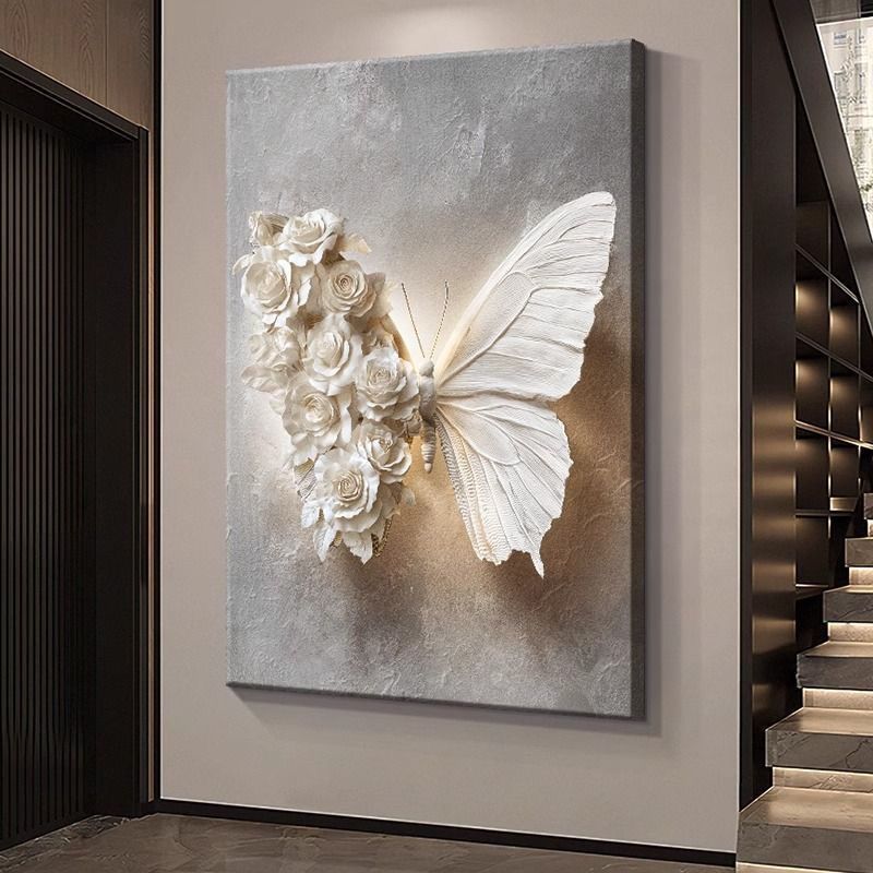 蝴蝶高级感黑白玄关装饰画立体感客厅沙发浮雕背景墙壁挂画落地画