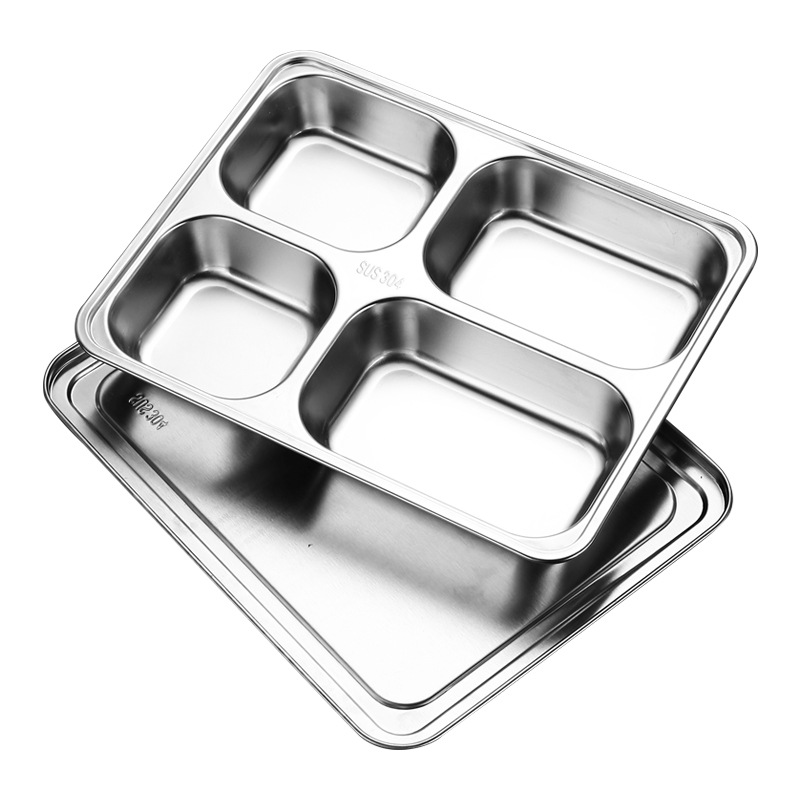 304 Stainless Steel Dinner Plate Square Four-Compartment Five-Compartment Fast Food Plate Adult Student Canteen Thickeneded Lunch Box Compartmented Lunch Box