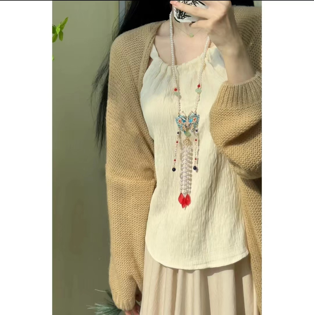 New Chinese Style Pink Butterfly Wreaths Antique Tassel Necklace Vintage Pearl Pendant Horse Face Skirt Hanfu Accessories