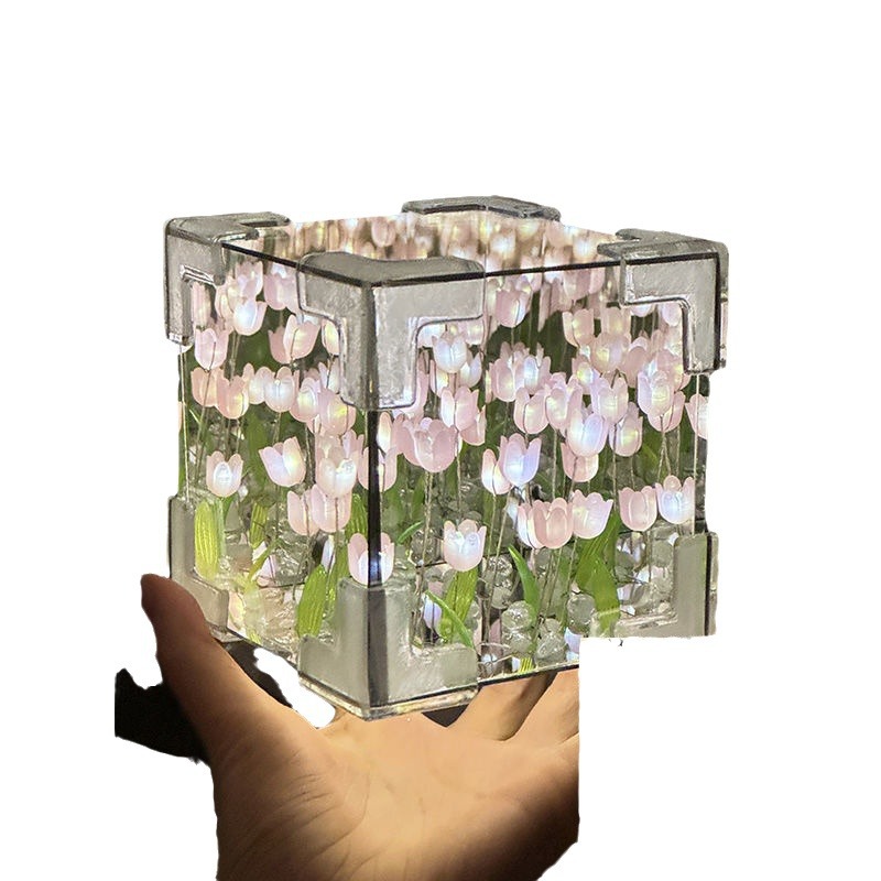 Rubik's Cube Tulip Flower Sea Night Light Handmade DIY Material Mirror bouquet gift for female birthday gift couple