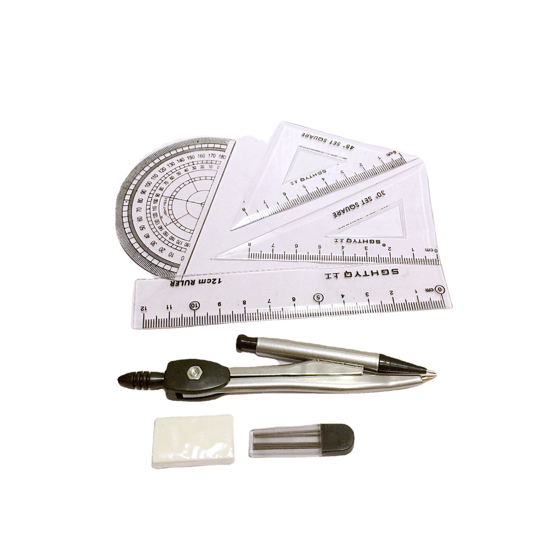 student with ruler rubber 7-piece compasses student drawing measurement test compasses set