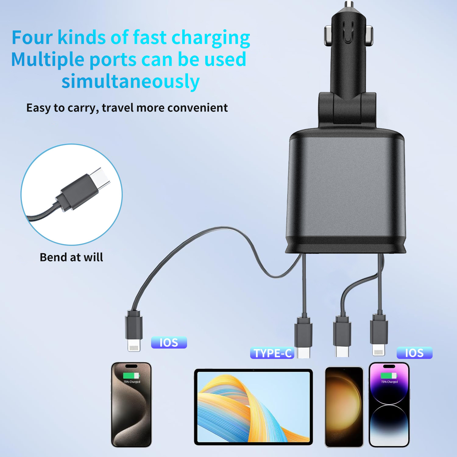 Cross-Border Car Charger Starry Sky Atmosphere Light Car Super Fast Charging Flash Charging Retractable Cable Four-In-One Cigarette Lighter B1