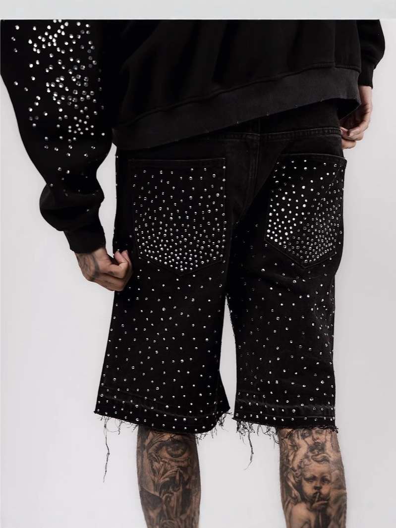 European and American Cross-Border High Street Full of Diamonds 2025 New Hip-Hop Cross Straight Hot Diamond Denim Shorts Five-Point Jeans