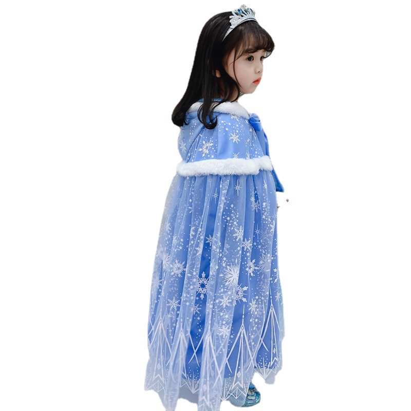 Girls' Frozen Cape with Vest, Elsa Princess Style, Autumn and Winter Children's Tie-Up Warm Outerwear for Older Kids