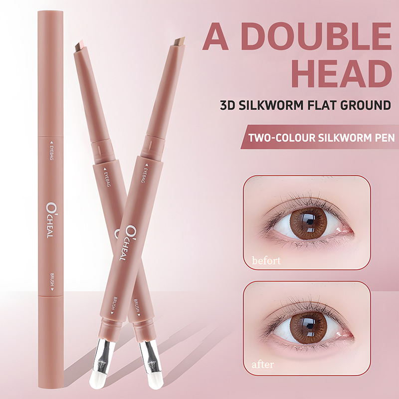 Full English Cross-Border Foreign Trade Two-Color Silkworm Pen to Brighten and Outline High-Gloss Shadow, Waterproof, Sweat-Proof and Long-Lasting Makeup, Natural