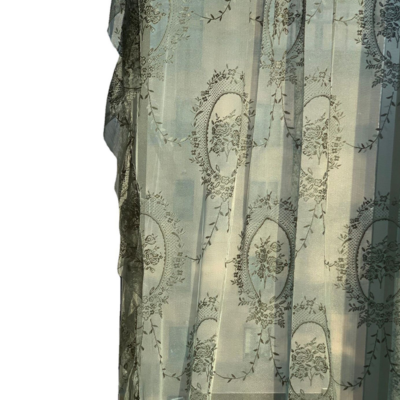 French Vintage Curtain Gauze Curtain Green Lace Princess Wind Gauze Curtain Light Luxury Light Transparent Curtain Window Screen Fabric