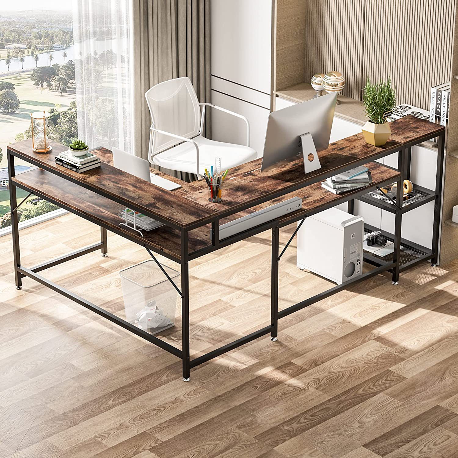 Cross-Border dedicated corner L-shaped computer desk steel-wood structure with monitor stand desk large desktop study desk