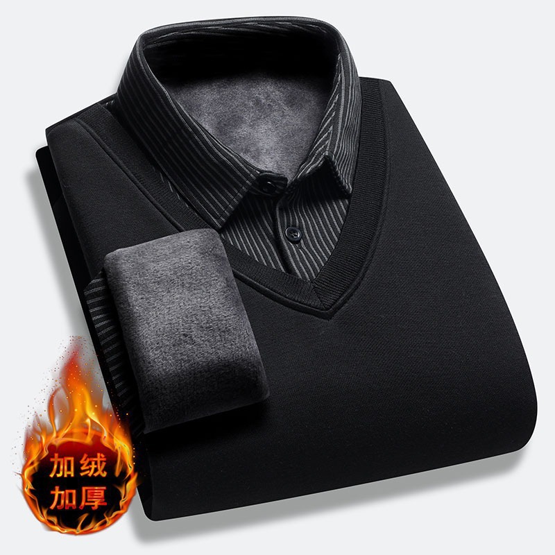 Зимняя толстая флисовая рубашка с воротником для мужчин среднего и пожилого возраста, фальшивая двухкомпонентная вязаная базовая рубашка-свитер однотонного цвета