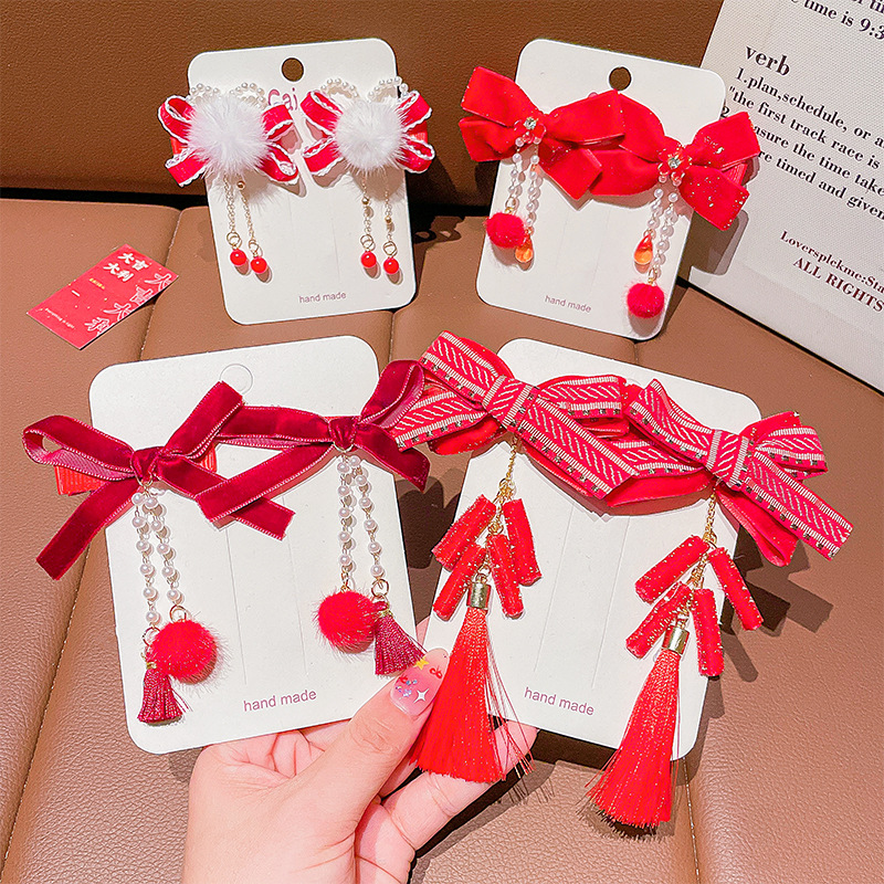Girls' Festive Antique Bow Tassel Hairpin Girls Baby Red Hair Accessories Kidsren's Chinese Style Hairpin Hairpin