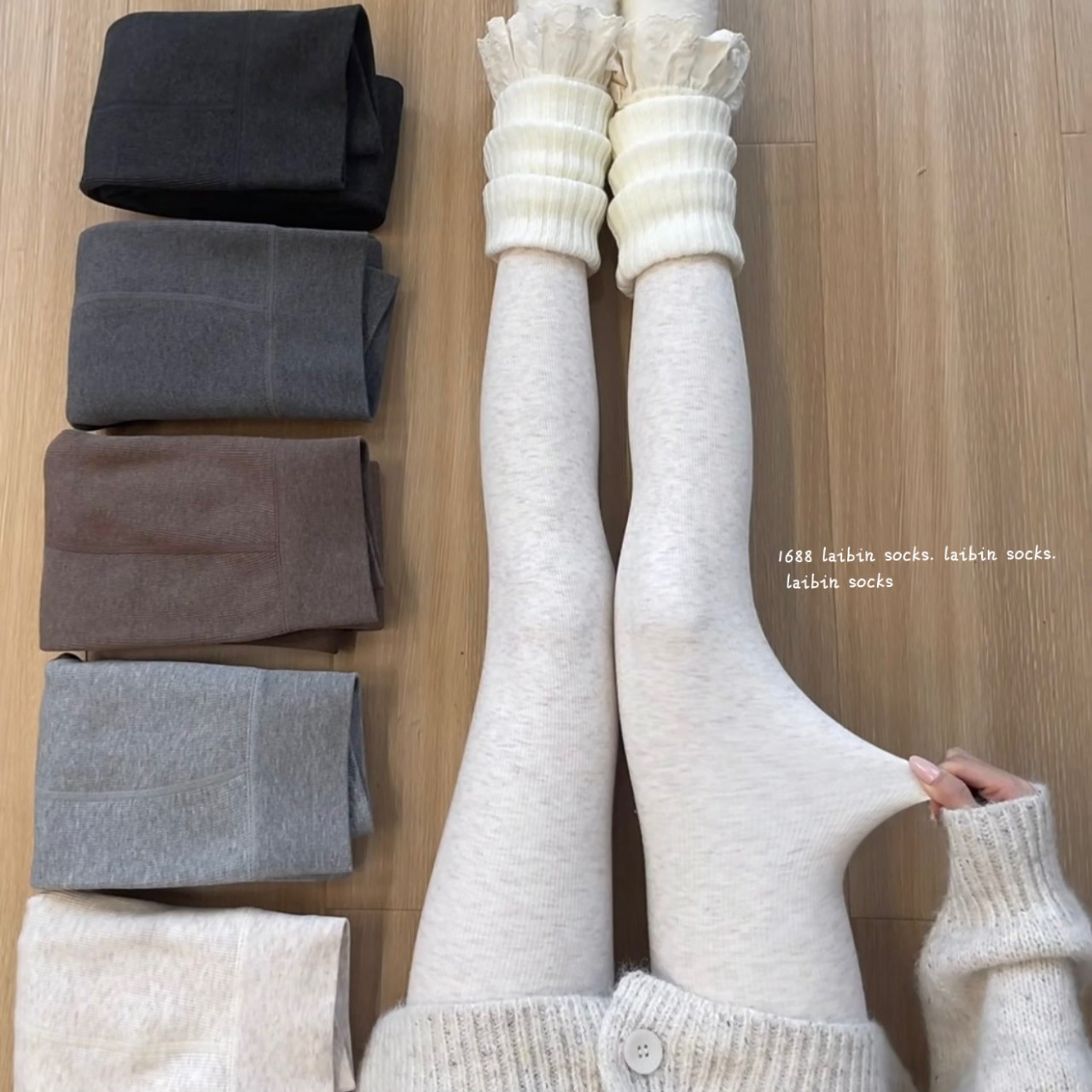330g Vertical Striped Cotton Leggings Gray Women's Autumn and Winter New Fleece-Lined Thickeneded Warm Autumn Pants Japanese Style Style Pantyhose