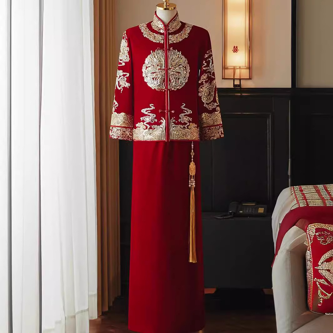 Платье Сюхэ для мужчин, 2024, новое китайское свадебное платье, бархатный пиджак, дракон и феникс, для показа кимоно, большой размер