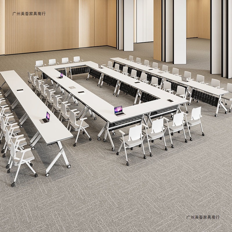 Folding Conference Table, Removable Folding Splicing Long Table with Wheels, Movable Folding Training Desk and Chair Combination