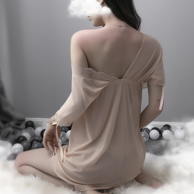 Large Size Sexy Lingerie European and American Sexy Pajamas Deep Transparent Mesh Women's Silk Nightgown