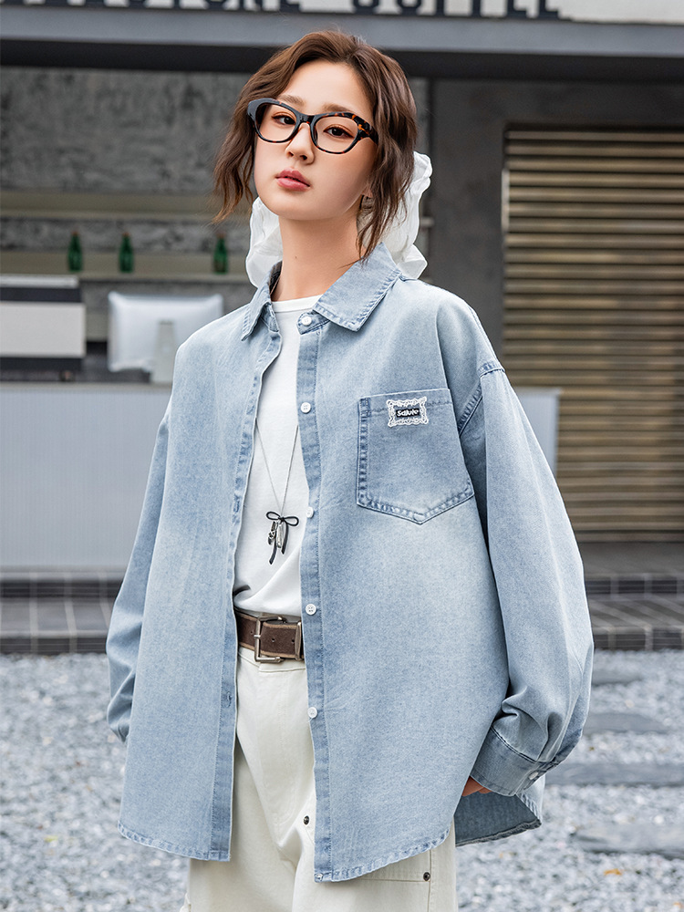Junior High School Students Denim Shirt Coat Spring and Autumn 2025 New Top Long Sleeve Lapel Casual Shirt for Middle and Big Children