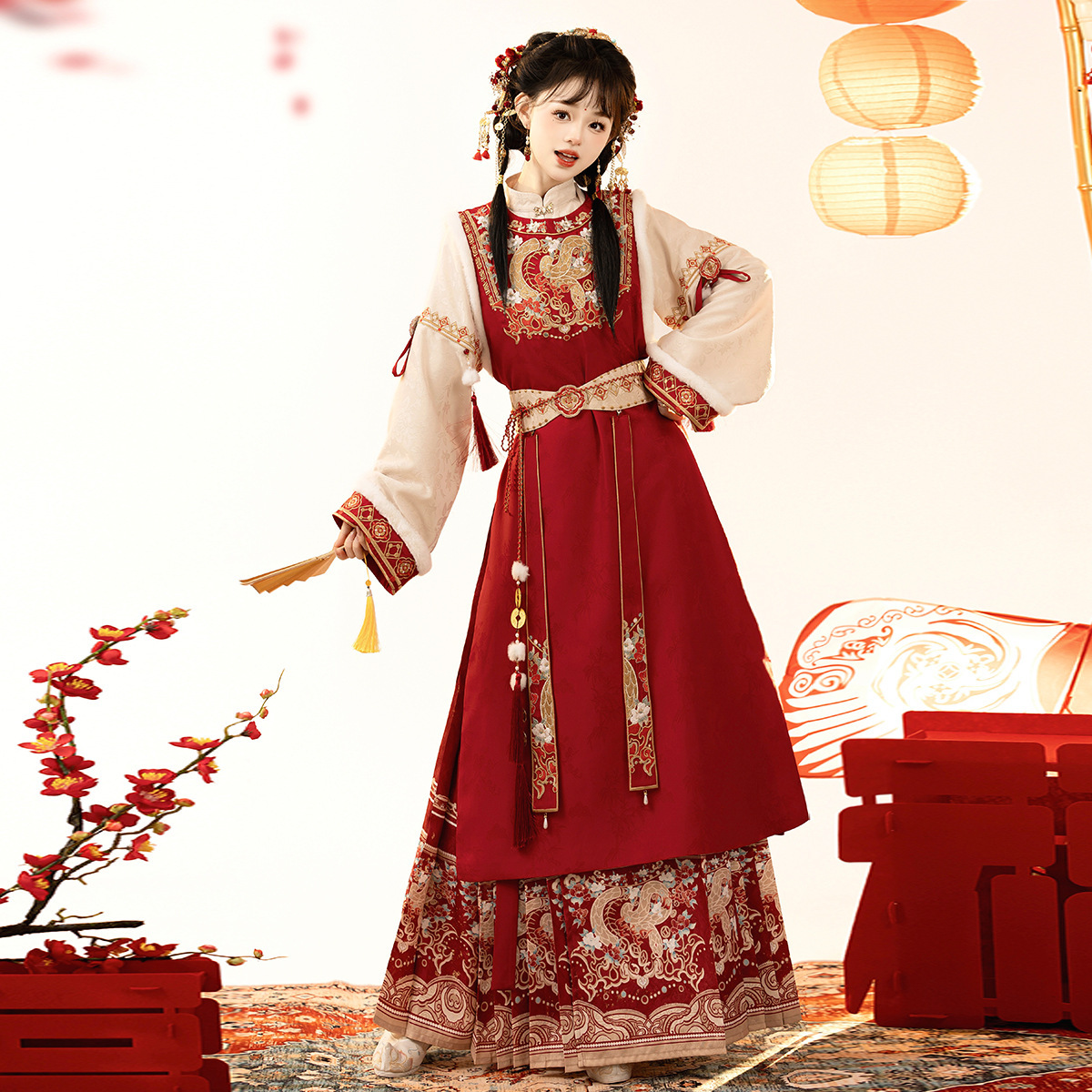 Yi Meng Ge Original Xiang Snake He Rui Han Clothing Women's Chinese Style Waist Seal Round Neck Robe Lining Horse Face Skirt suit 9439