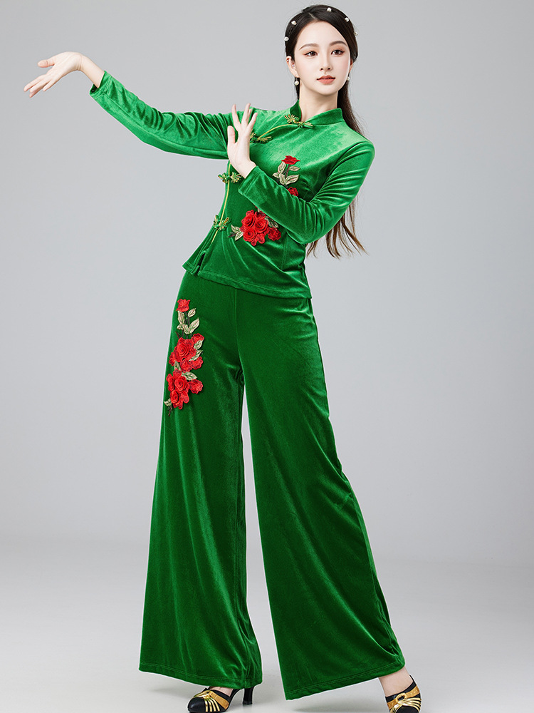 Cheongsam Collar Square Dance Costume New Arrival suit Autumn and Winter Golden Velvet Performance Costume Women's Large Swing Skirt Wide Leg Pants Dancing Clothes