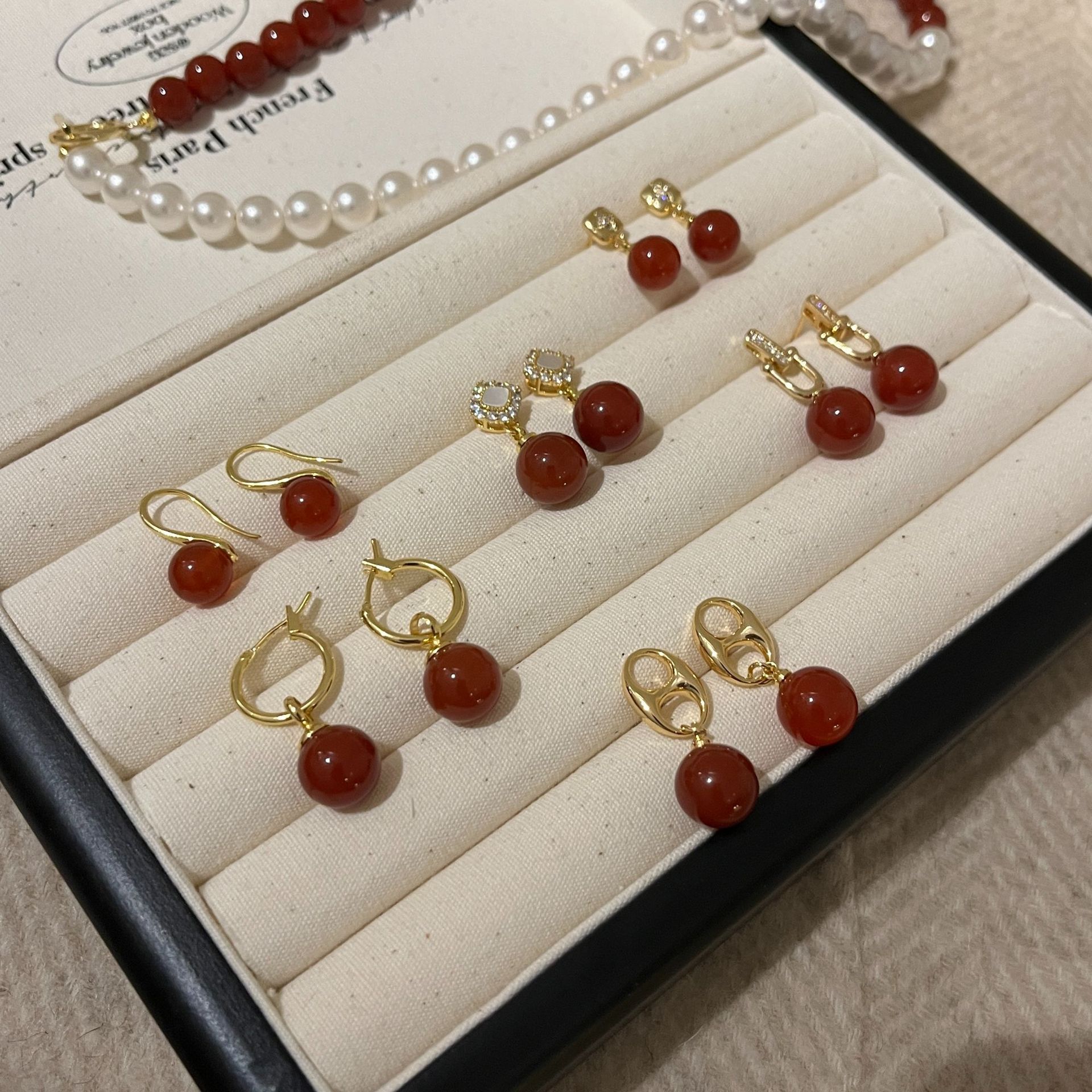 Серьги-щипцы из красного агата Yuanyou, осень-зима, новые, натуральный камень, круглые, китайский дворцовый ретро стиль, национальный стиль