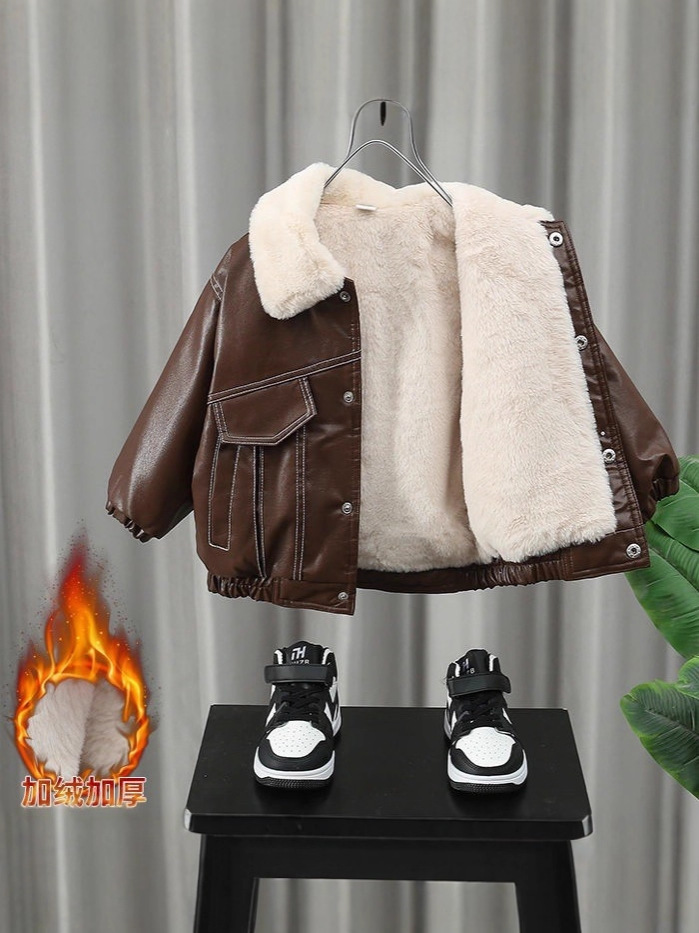 Children's Clothing Boys' Cool and Handsome Leather Jackets New Fashionable Baby Autumn and Winter Clothing Kidsren's Korean Style Velvet Thick Jacket Leather Jackets