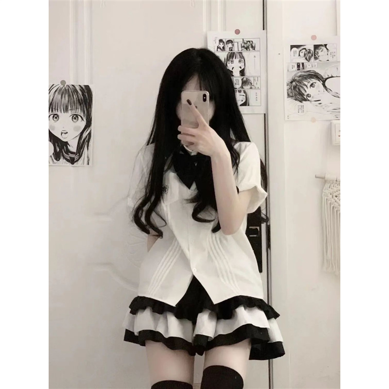 Shirt + cake skirt two-piece summer soft girl short-sleeved shirt female Japanese suit student jk uniform top