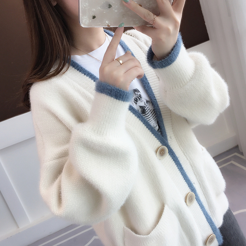 Chenille Soft and Waxy Versatile Sweater Women's Outwear Spring and Autum New Loose Slimming Look Color-Blocked Imitation Mink Velvet Knitted Cardigan