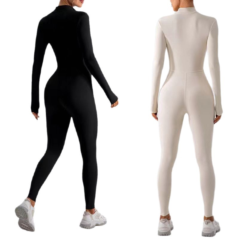 Amazon Cross-Border Zipper Nude Tight-Fitting Plus Velvet Autumn and Winter One-Piece Yoga Clothing Warm One-Piece Running Fitness Clothing