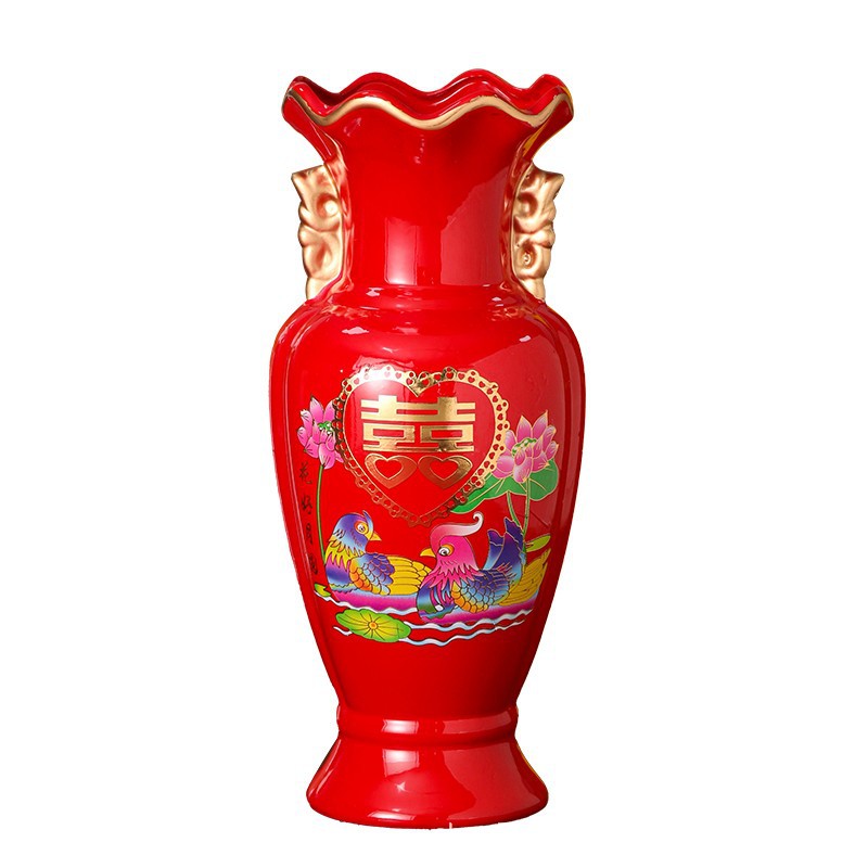 8inch Chinese Red Vase with Happy Words Ceramic Vase Marriage Ornament Living Room Ornament