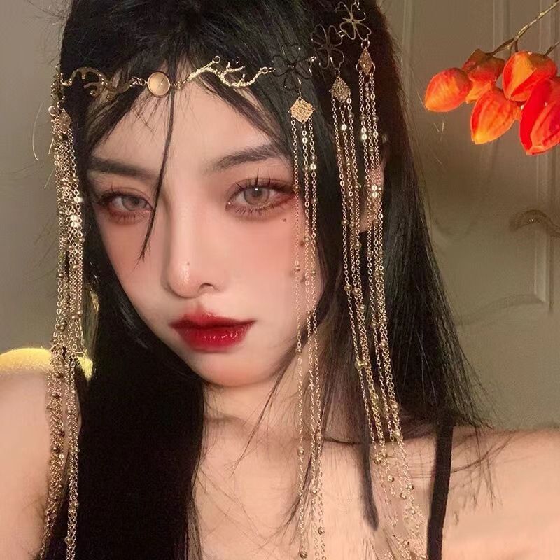 Exotic style hanfu forehead decoration tassel headdress curtain vintage handmade tassel hairpin ancient style ethnic style hair accessories for women